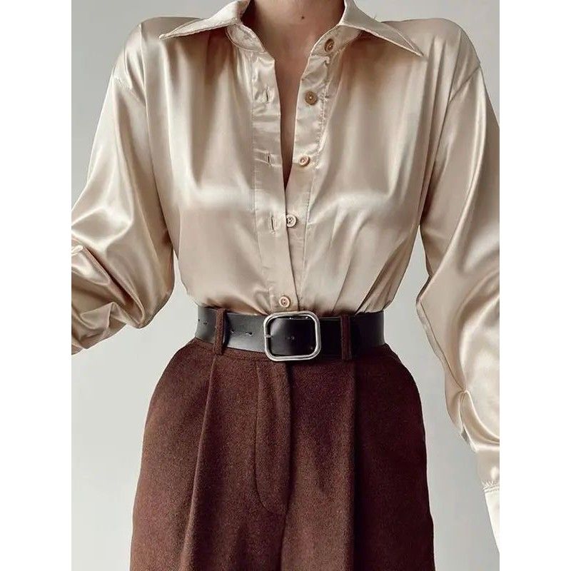 

Однотонная рубашка с лацканами, одинарная, однобортная, для женщин Champagne S