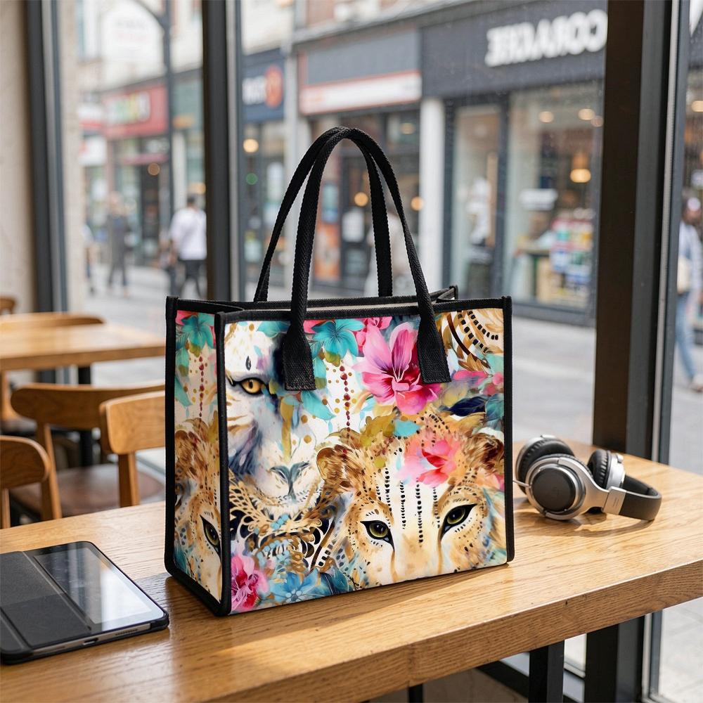 Floral Lion Pattern Tote Bag Fashion Large Capacity Shoulder Handbag for Daily Use
