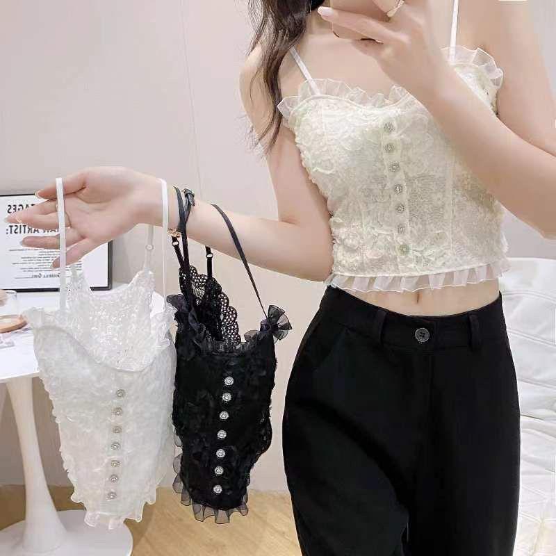 Элегантный кружевной топ-майка с чашечками - Бесшовный облегающий топ-бюстье для женщин XS [up to 65 jin]