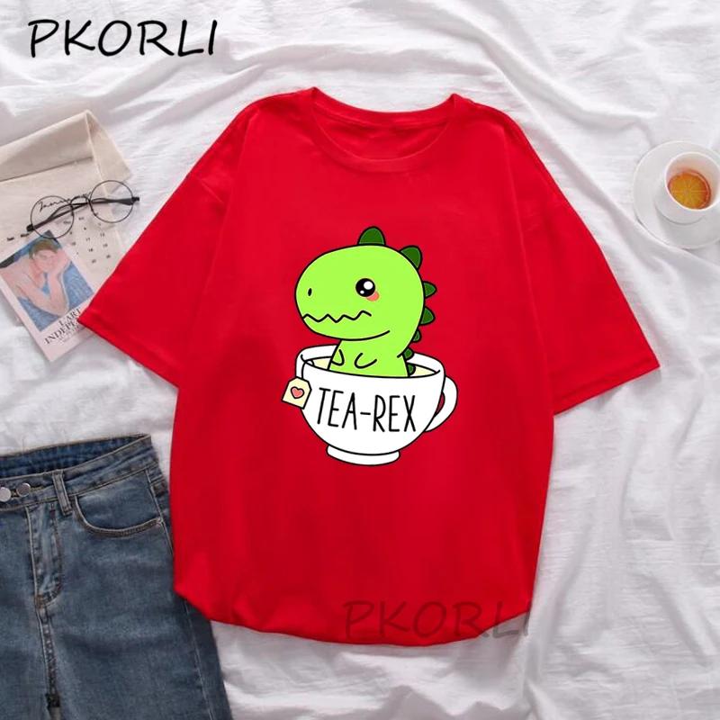 Cute Tea-Rex T-Shirt Women Funny Cartoon Dinosaur T Shirt Female Cotton Short Sleeve Kawaii Clothes Dino Tea Graphic Tee Shirt