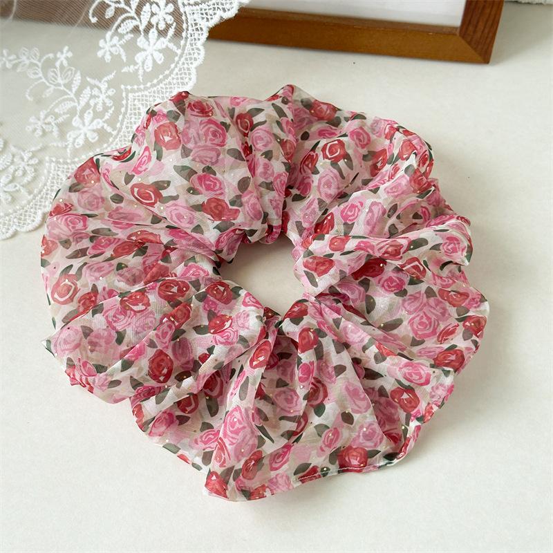 Girl Soft Flowers Printed Chiffon Hair Scrunchies Fabric Ponytail Holder Hair Accessories