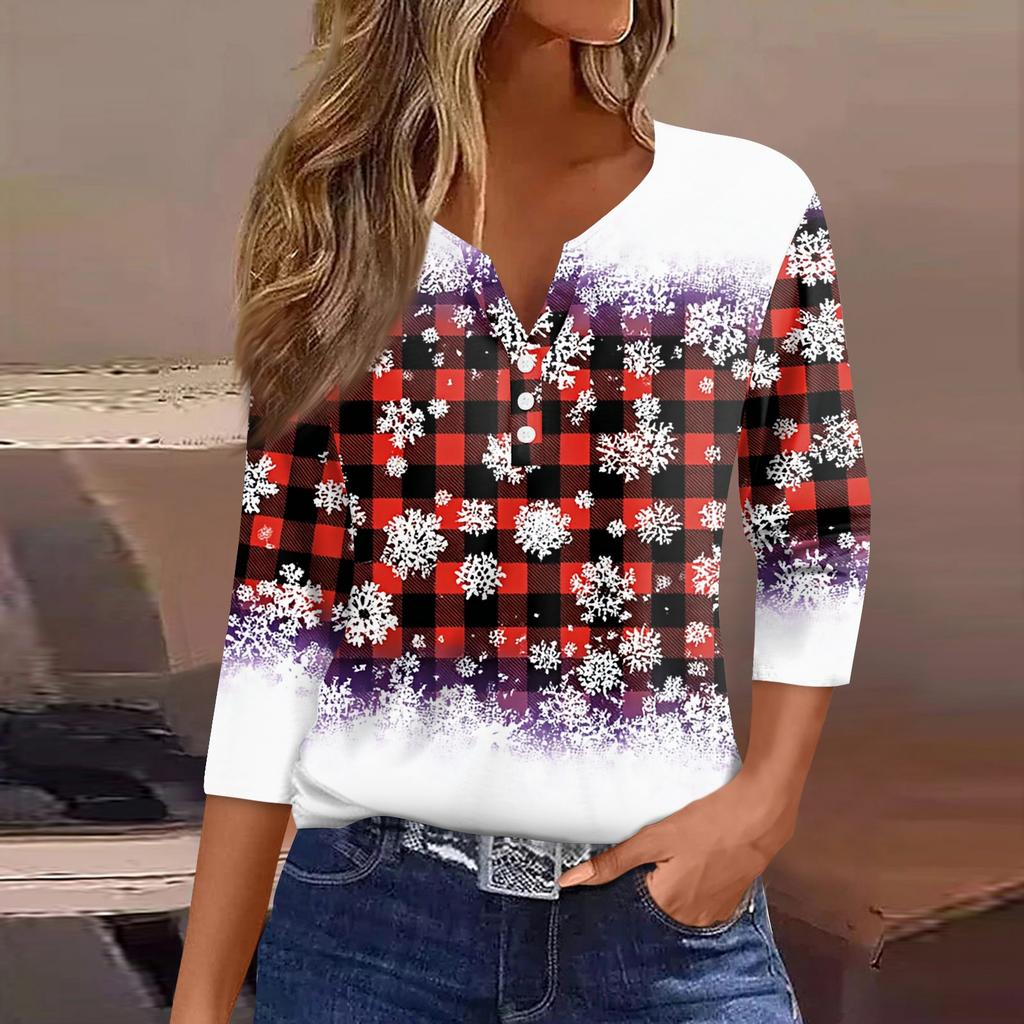 Women's T Shirt Tee Christmas Printed Button 3/4 Sleeve Tunic Daily Weekend Fashion Basic V- Neck Regular Top