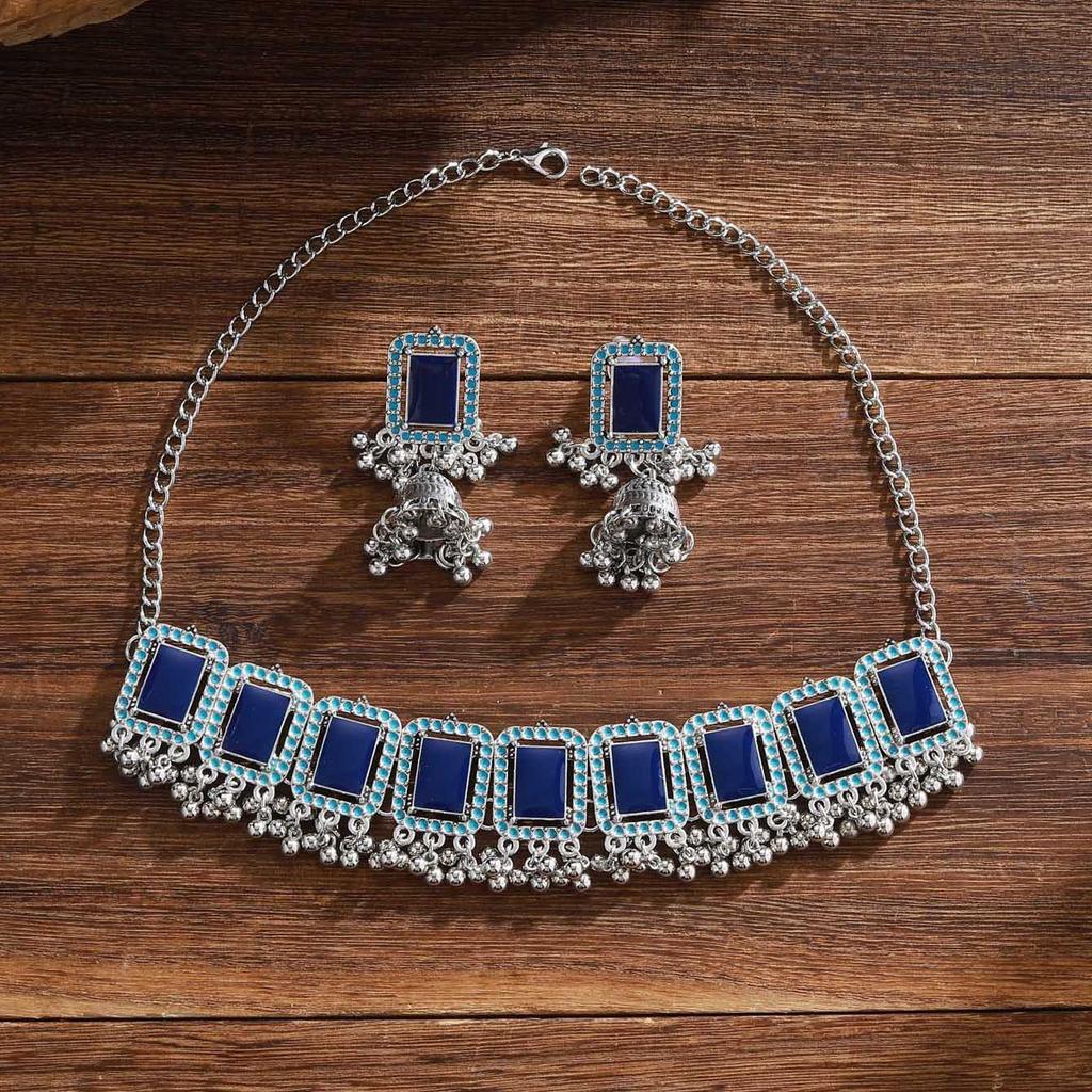 Retro Ethnic Style Diamond-Encrusted Bells Fringed Earrings Women'S Bohemian Square Geometric Necklace Light Luxury Jewelry Set