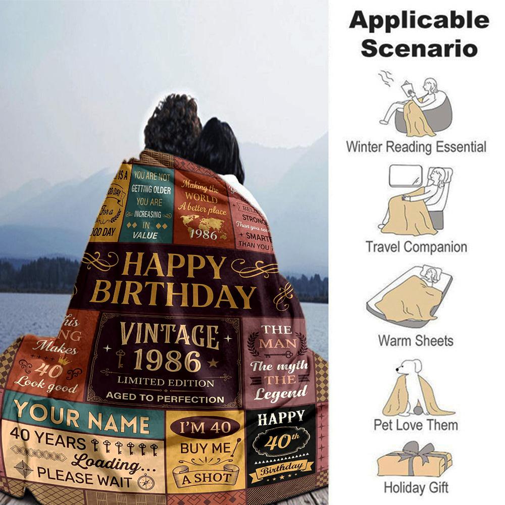 Vintage Birthday Celebration Customize Your Name Blankets Comfortable Soft Lightweight Multiseason Blanket For Picnics Sofas Offices Beds Living Rooms