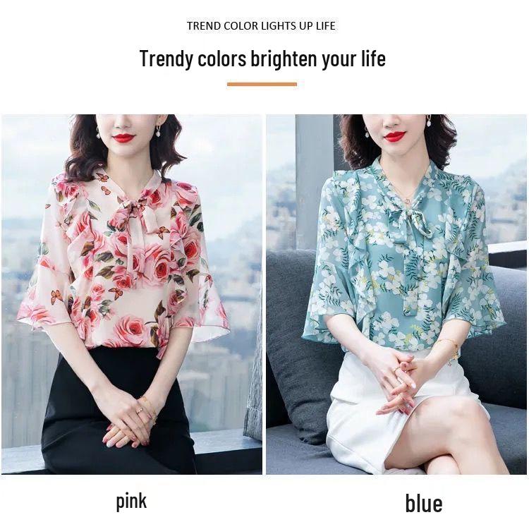 Women's Floral Chiffon Blouse with Bow - 2025 Summer Fashion, Flare Sleeves, Elegant Fairy Style.