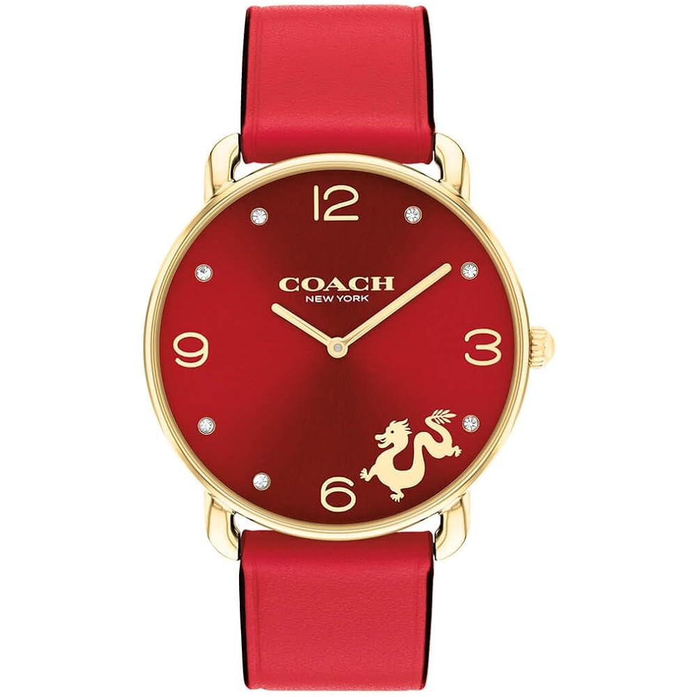 Coach Elliott Women s Watch 36mm Red Sunray Dial Gold Plated Case Red Leather Strap