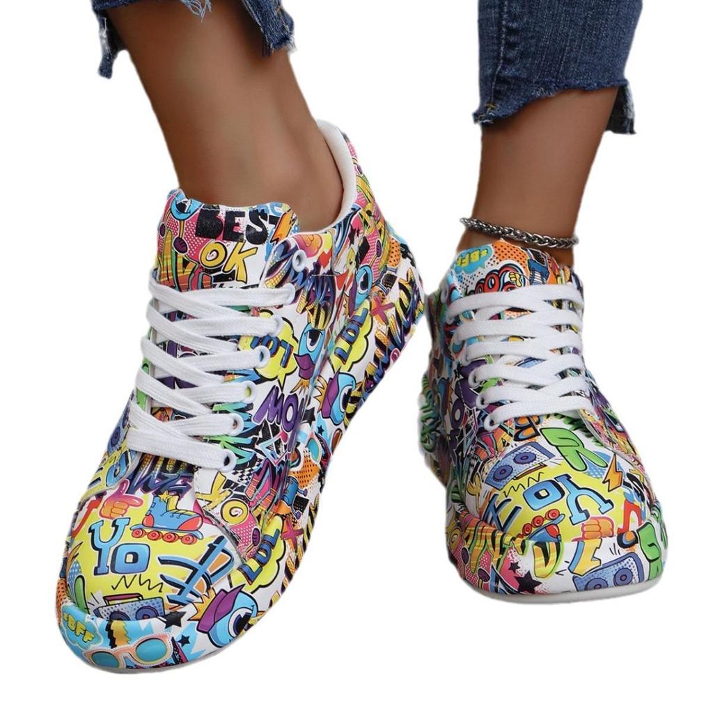 Plus Size Graffiti Lace-up Low-top Women's Thick-Soled Casual Skate Shoes