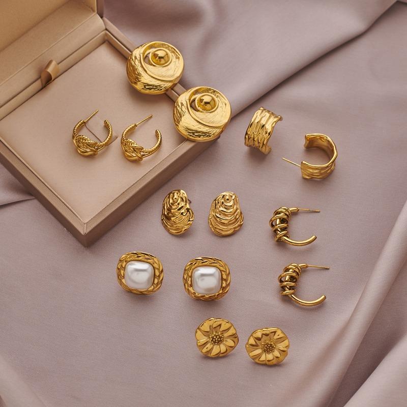 Niche personalized stainless steel with pearl beating pattern C-shaped sunflower spiral winding stud earrings