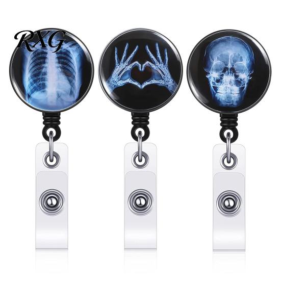 Radiology Badge Reel Reel, Retractable Skeleton Holder with Clip, Chest Skull Clip Bones Patterns Name Card for Nurse Doctor ID Cards