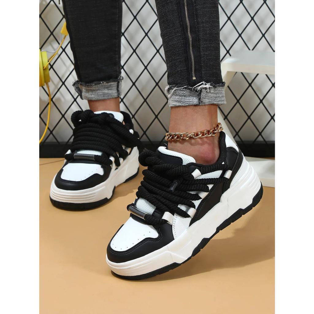 Fashion Platform Sneakers Women Chunky Shoes PU Leather Casual Shoes Ins Board Shoes Lace-up Outdoor Walking Footwear