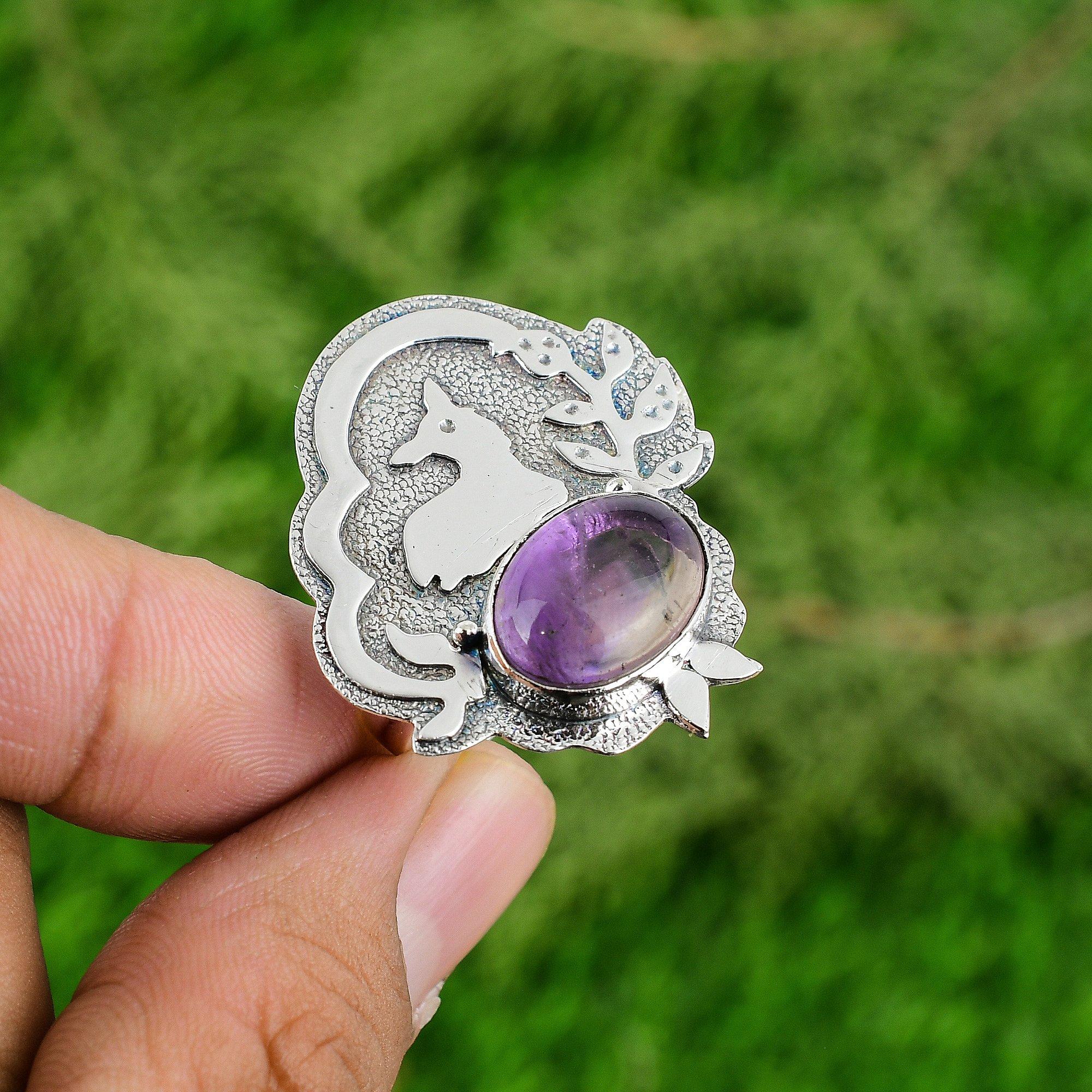 

925 Silver Oval Natural African Amethyst Art Deco Statement Stackable Bezel Ring Adjustable