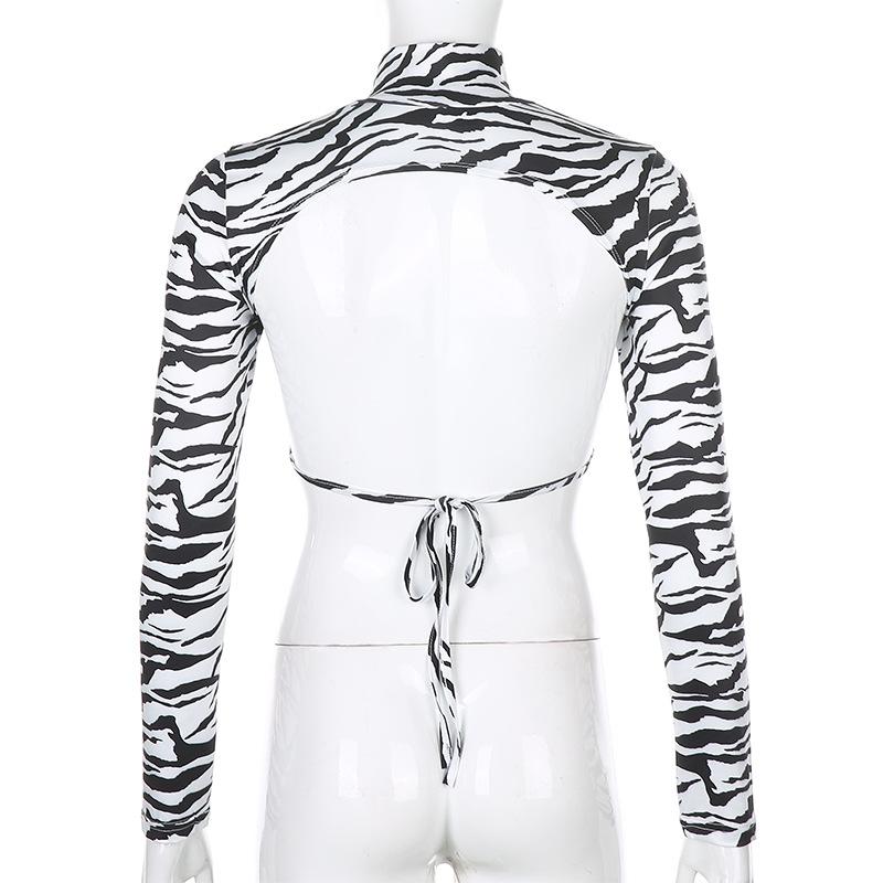 Animal Zebra Print Backless Cropped Tshirt Women Sexy Long Sleeve T-shirt Ladies Fashion Crop Tops Tees Streetwear
