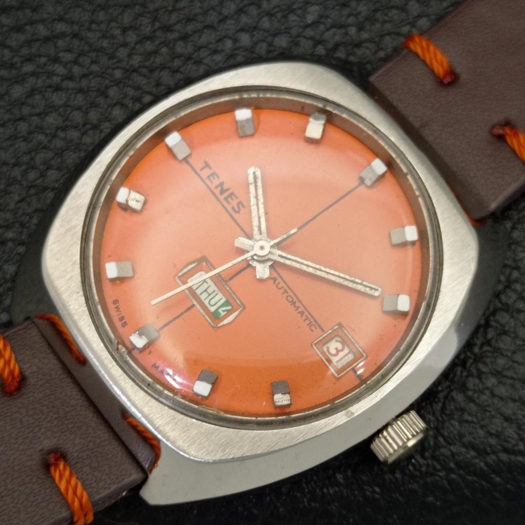 VINTAGE TENES AUTOMATIC SWISS MENS ORANGE COLOR DIAL WATCH A700147-5 R201-a700147