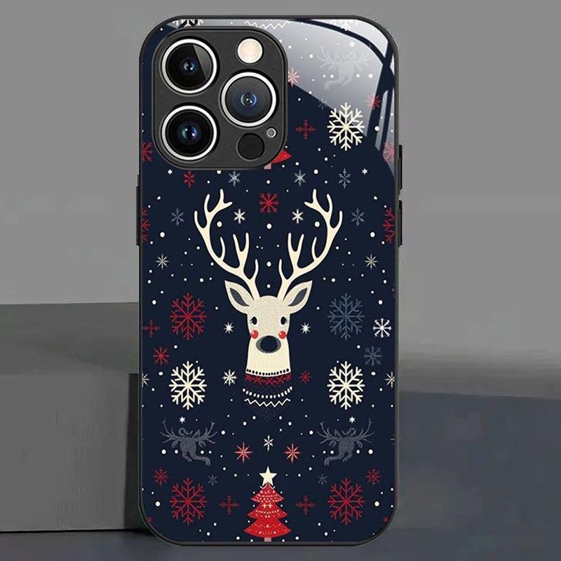 Custodia per Telefono in Vetro con Testa di Cervo e Fiocco di Neve Natalizio per iPhone 17 16 15 14 Pro Max 13 12 11 16E 17Air 7 8 Plus XR XS X Cover