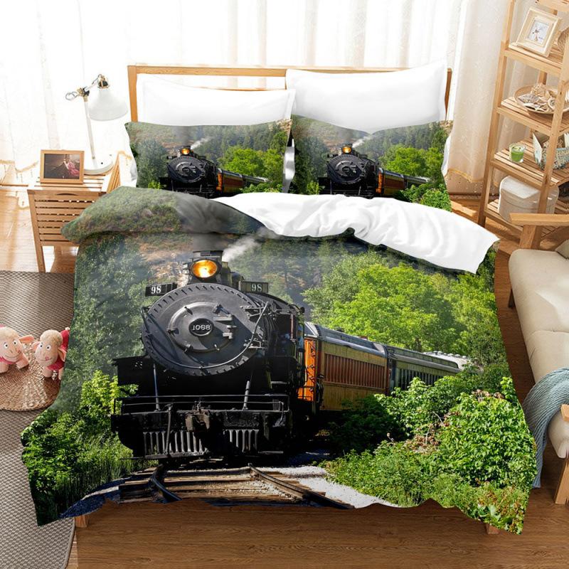 Steam Locomotive, Old-Fashioned, Shabby Train, Transportation, Digital Printing, Three-Piece Bed Sheet