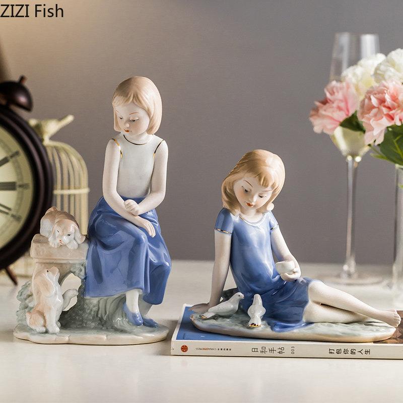 European Girl Character Ceramic Statue Desk Decoration Cute Girl Porcelain Crafts Painted Figures Sculpture Modern Home Decor