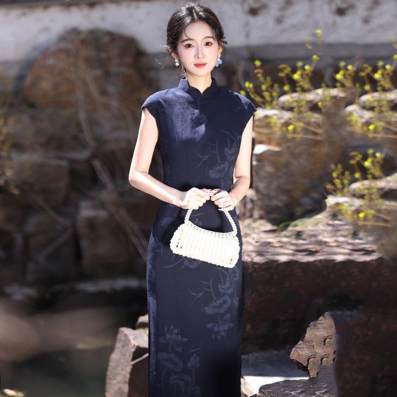 Blue national style new Chinese style Suzhou sleeveless long cheongsam improved young 1011 new women's high sense summer