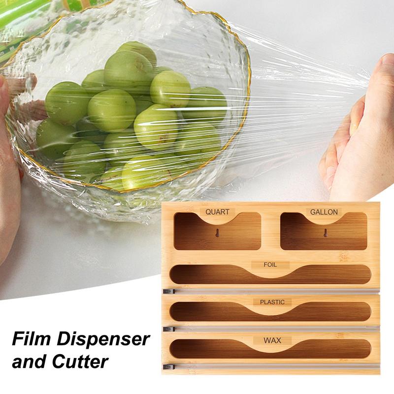 Kitchen Wrap Dispenser With Foil & Cling Film Cutter Box Wooden Fresh Bag Cutting Holder, Trash Bag & Plastic Bag Organizers