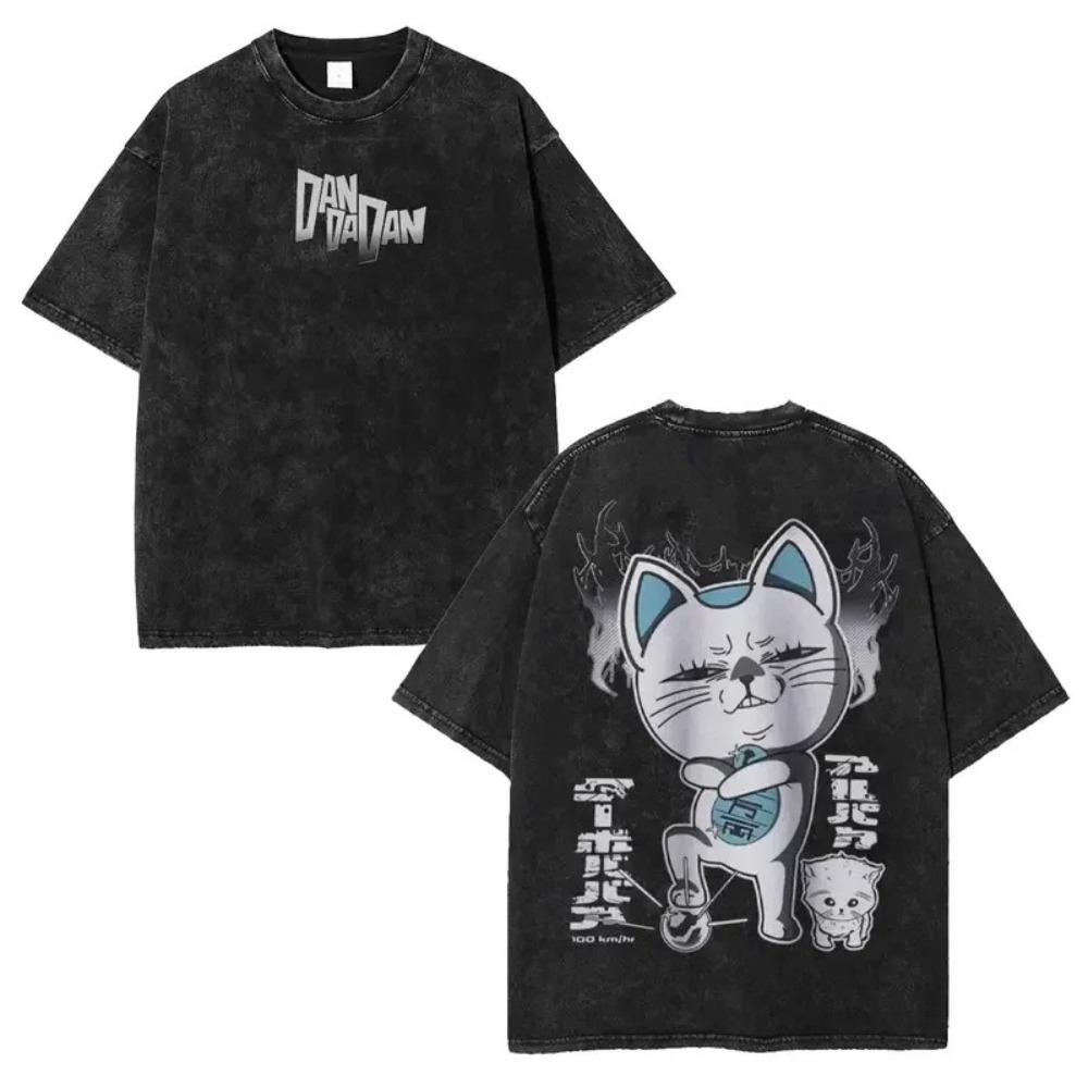 Dandadan Takakura Ken (Berserk Form) & Lucky Cat Vintage Washed Double-Sided Anime T-Shirt, Unisex Supernatural Manga Fan Streetwear Tee