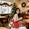 Women's Christmas Tote Set: Snowman & Santa Claus Embroidered Large Shoulder Bag with Makeup Pouch