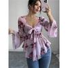 Women's Floral Print Bell Sleeve Peplum Top V Neck Tie Front Blouse