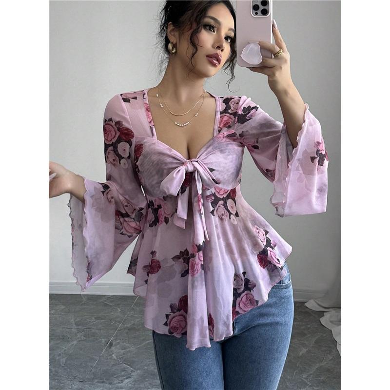 Women's Floral Print Bell Sleeve Peplum Top V Neck Tie Front Blouse