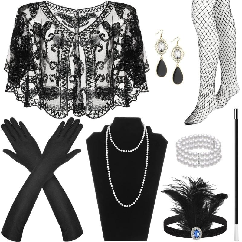 Vintage 1920s Flapper Party Women Costume Accessories Set Feather Headband Necklace Earrings Gloves for Cocktail Party