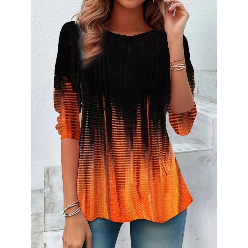 T-shirt z nadrukiem kwiatowym, blokowany kolorystycznie, z okrągłym dekoltem, na wiosnę i jesień, casualowy top z długim rękawem do noszenia damskiego, T-shirty