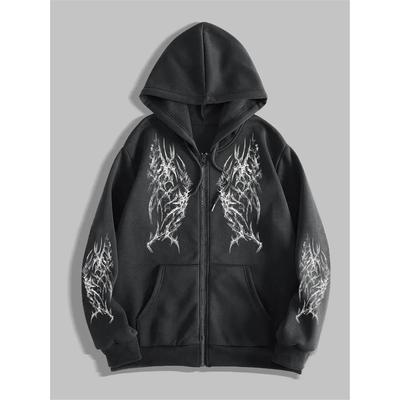 Sudadera con capucha con cremallera gráfica de alas de espina tribales estética oscura para hombre, Chaqueta Oversize Grunge Streetwear