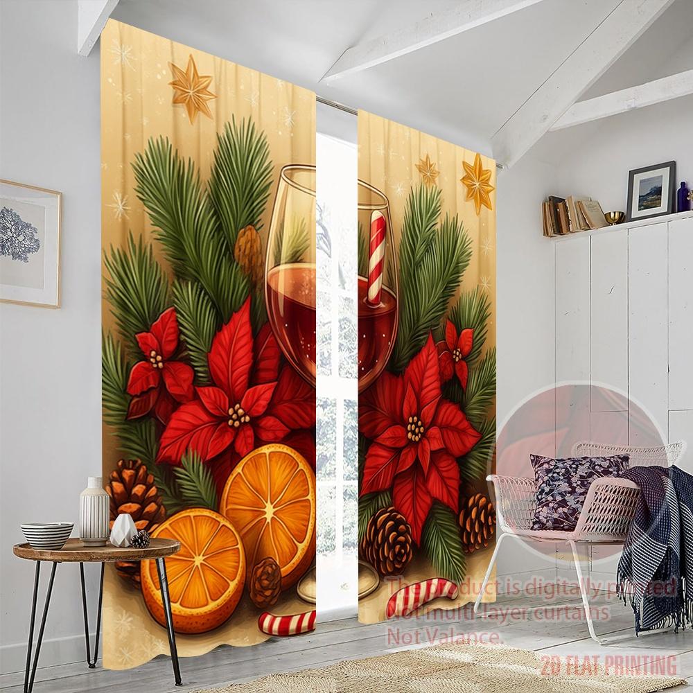 2pcs,2D Plane Printing Popular Curtain Panels Christmas Cozy Wine Pinecone Poinsettia (4) Versatile Polyester (without Rod)