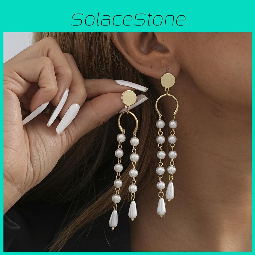 Modern Asymmetric Faux Pearl Tassel Earrings For Women In Gold Color