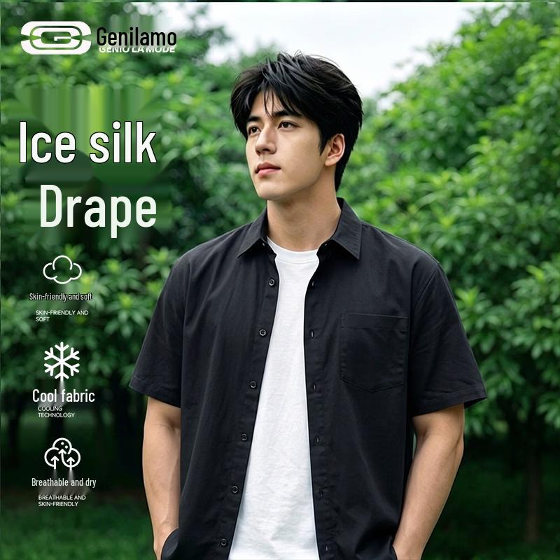 GENIOLAMODE Men's Ice-Silk Short Sleeve Casual Shirt