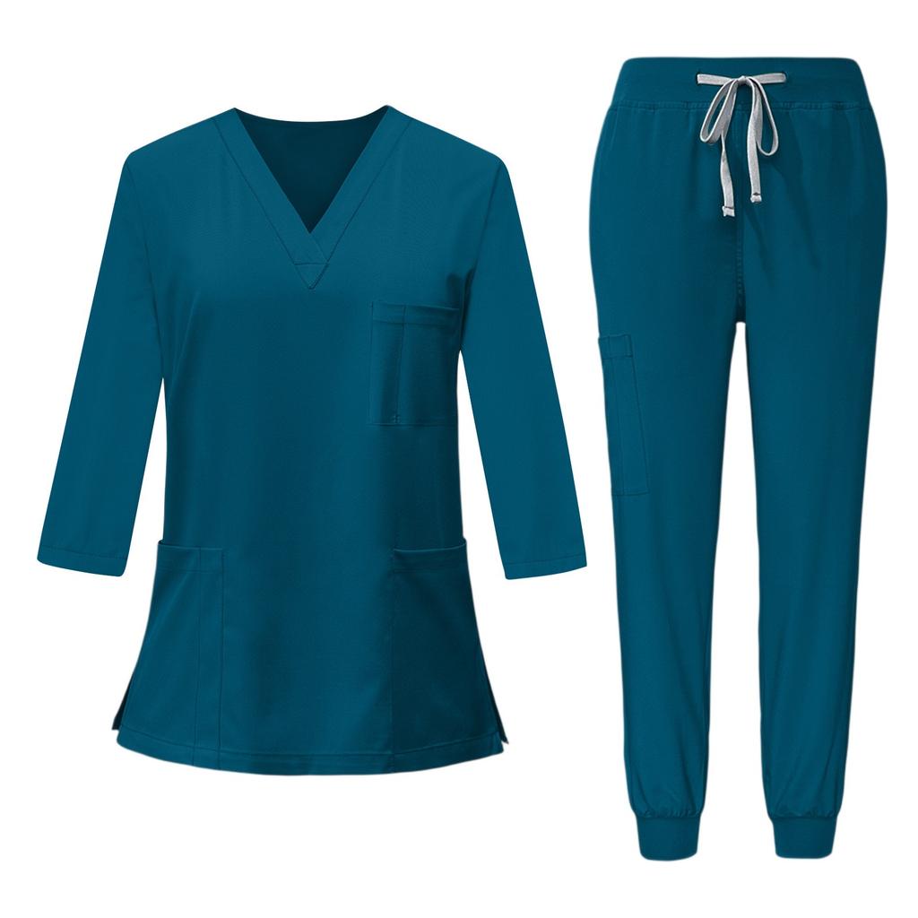 Set da Lavoro da Donna a Manica 3/4 con Top Scollo a V e Pantaloni Jogger, Uniforme Morbida ed Elastica per Professionisti Medici