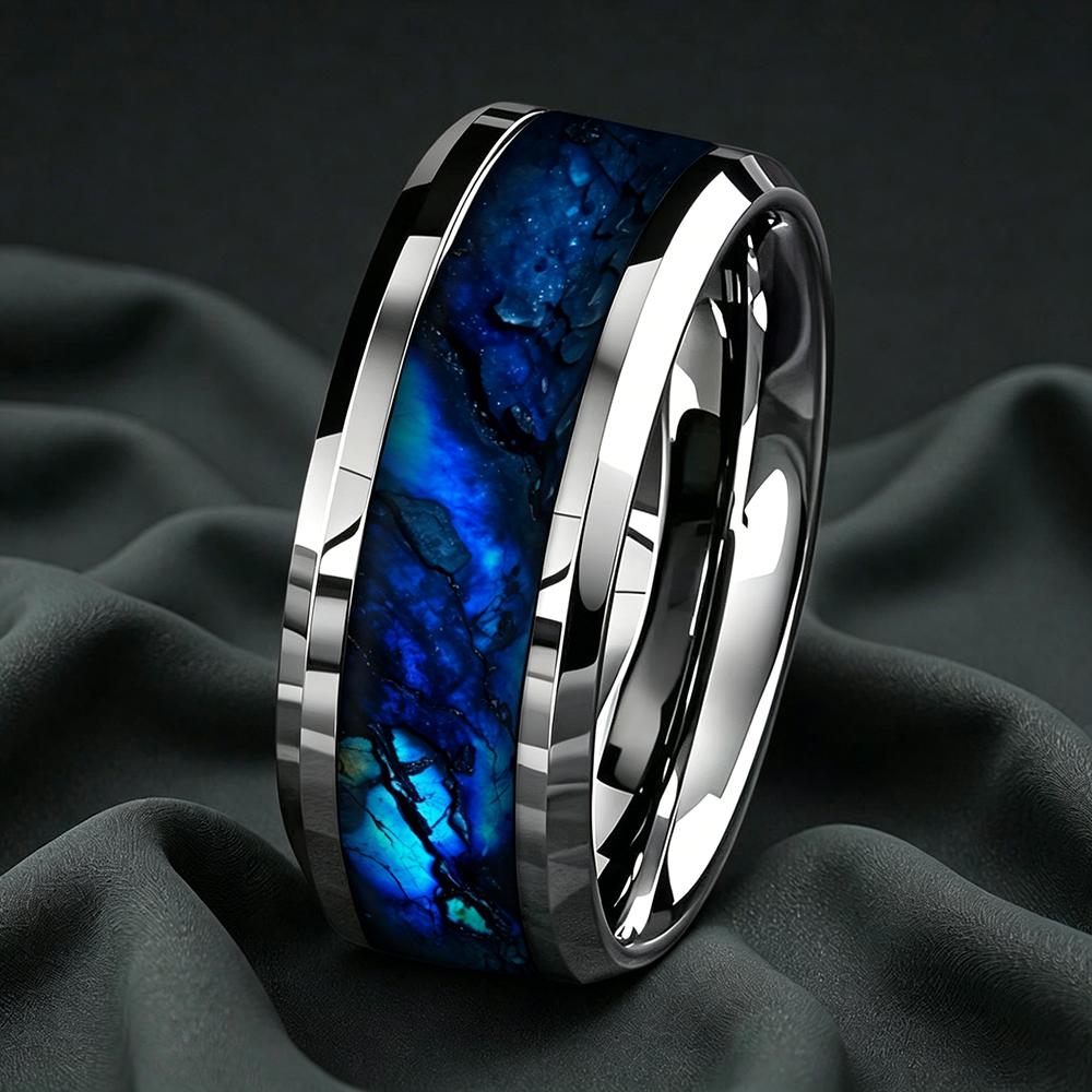 Fashion 8mm Men Stainless Steel Ring Inlay Galaxy Style Blue Turquoise Crushed Stone Rings For Men Wedding Band Jewelry Gifts