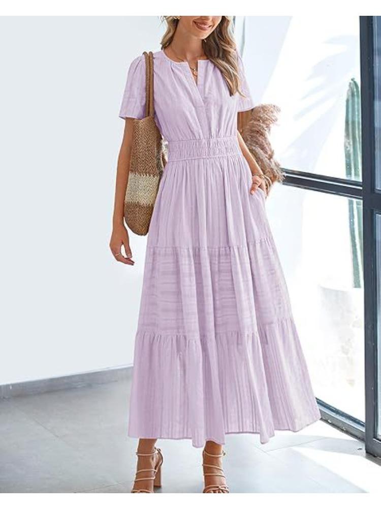 Short Sleeve V-Neck Tiered Ruffle Hem Midi Dress