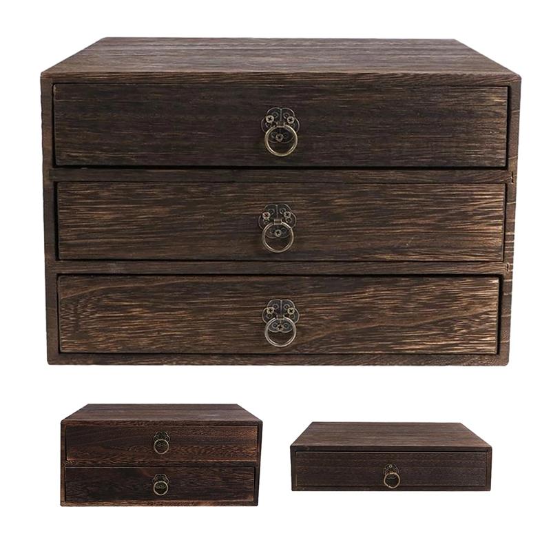 1Pcs Solid Wood Storage Desk Box Retro Drawer Type Desktop Organizer Office Desktop Jewelry Cosmetic Organizer