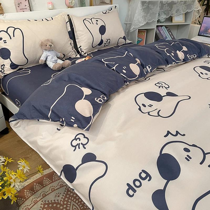Kawaii Bear Printed Bed Set Floral Duvet Cover Pillowcase Bedding Set Cute Dog Bear Bed Linen Sheet Quilt Full Queen King Size