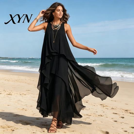 Fat Hiding Loose Dress Women's Flowy Chiffon Dress, Sleeveless Crew Neck Asymmetrical Hem Plus Size Women Long Summer Layered Cocktail Wedding