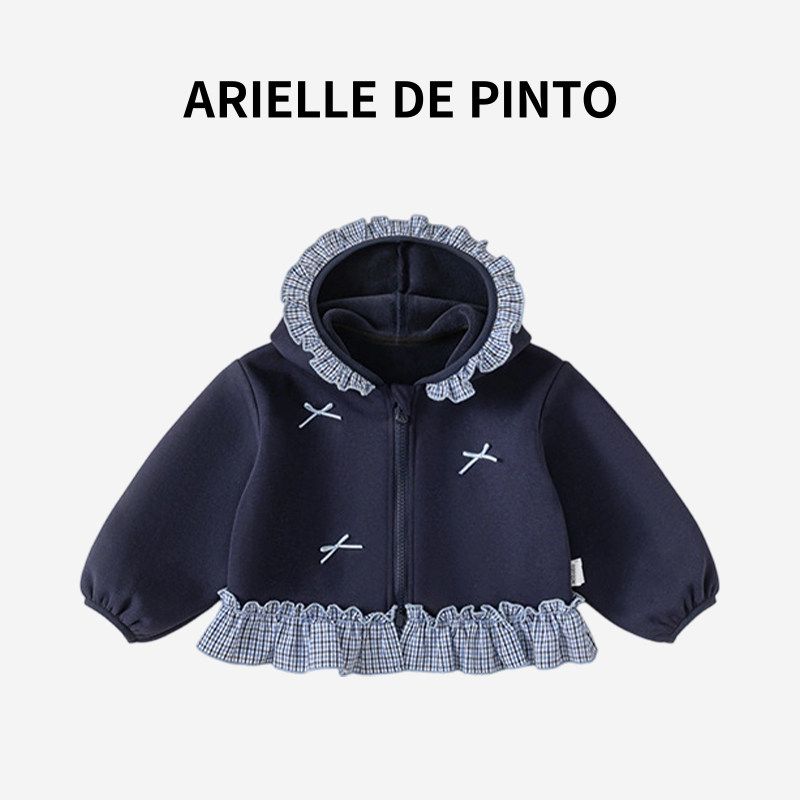 French Arielle De Pinto New Girls  Coat in Navy Blue for Spring, Autumn, and Winter with Cute Lace and Loose Fit Navy blue 140
