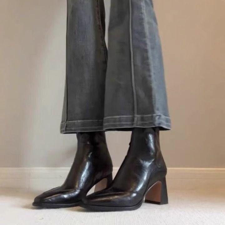 French Retro Square Toe Chunky Heel Ankle Boots for Women - Autumn Winter Versatile Slim Fit In Brown Black.