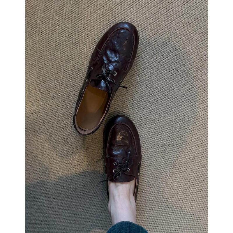 Washed soft cowhide British retro round head small leather shoes women's simple commuting leather flat single shoes loafers