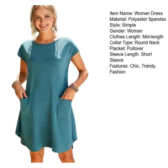 Summer Mini Dress for Women Short Sleeve Crew Neck A-line Swing Dress Casual Vacation Tunic Short Dress with Pockets