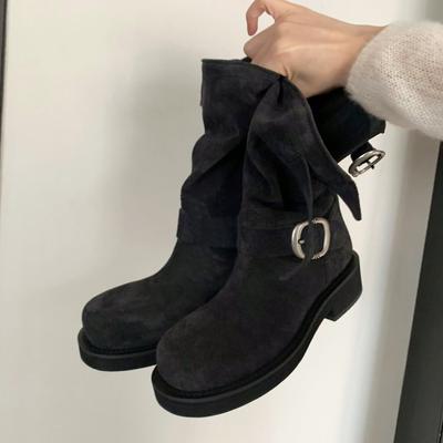 Sheepskin Version~ Retro Metal Buckle Polished Thick-soled Martin Boots Women's Leather Stacked Medium Boots Knight Western Short Boots