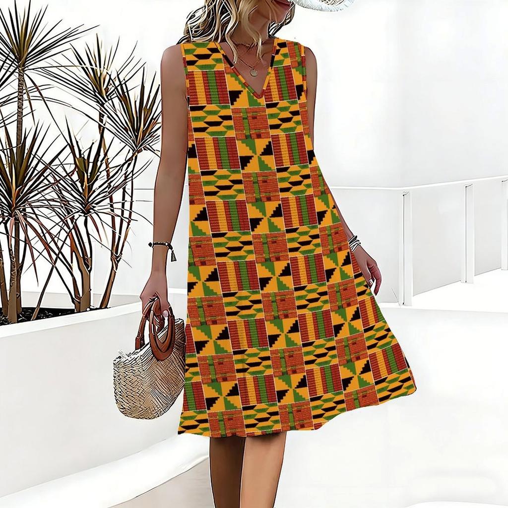 Plus Size V Neck Sleeveless Dress Natural Field Flower Print For Outdoor Picnic