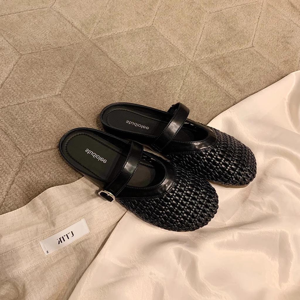 Hollow Woven Lazy One-word Belt Half-drag Women's New Summer Outer Wear Bag Head Cool Slippers