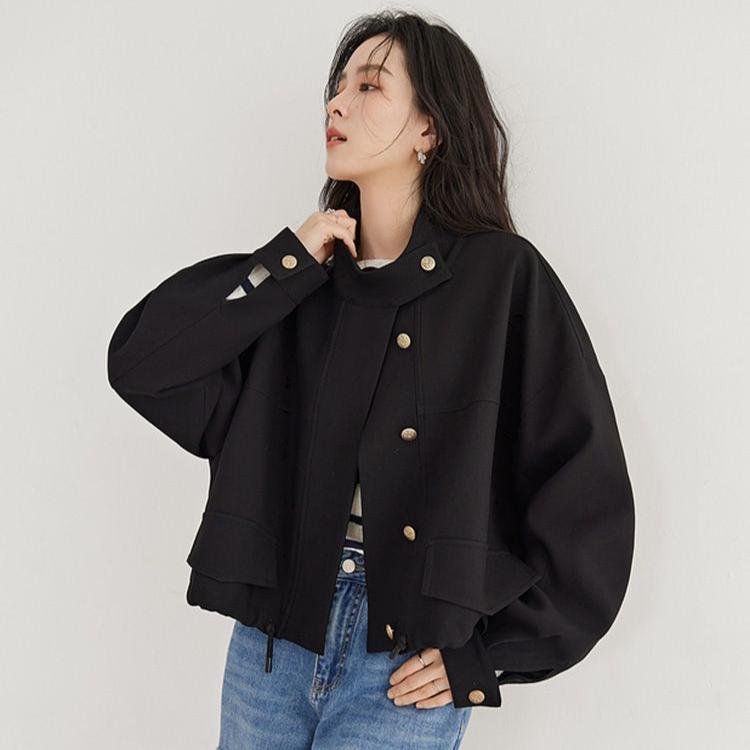 

Модная свободная верхняя одежда с воротником-стойкой и короткой длиной для женщин S чёрный