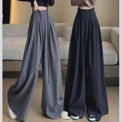 Autumn Women's High-Grade Gray Lace-Up Belly-Control Wide-Leg Floor-Length Casual Pants