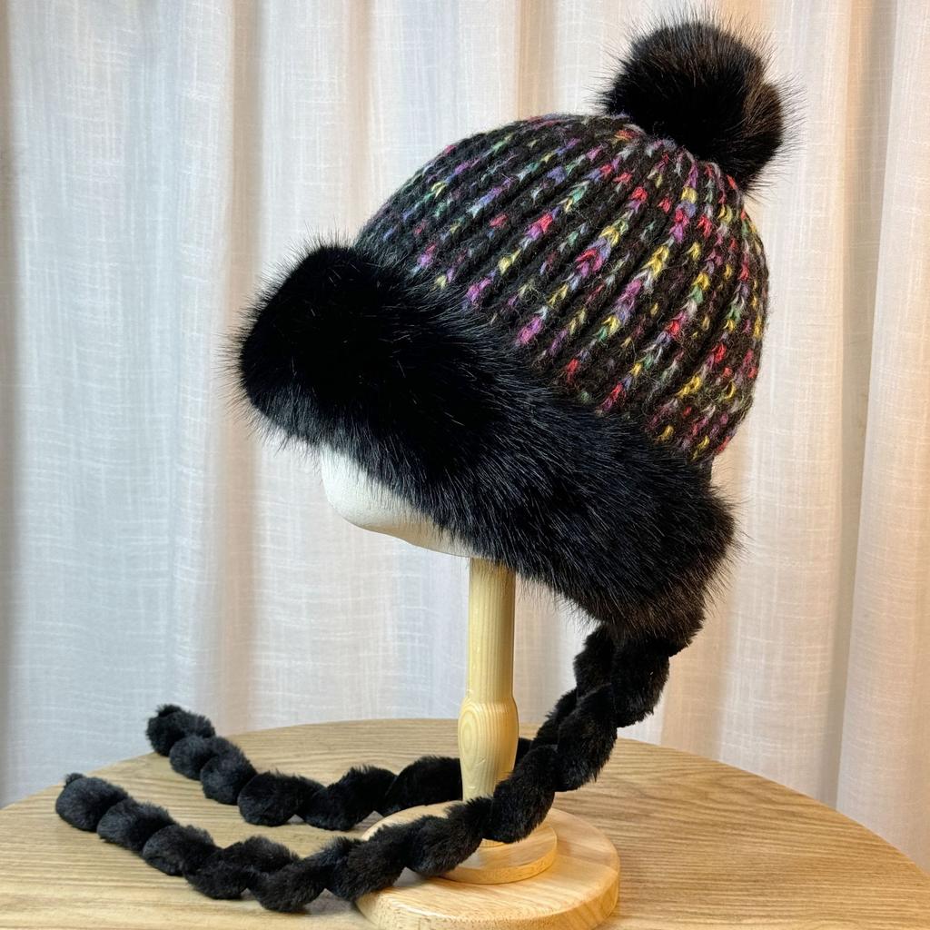 Japanese Sweet and Cute Fur Ball Strap Lei Feng Hat for Women Winter Plus Velvet Thickened Warm Knitted Ear Protection and Cold Protection Hat