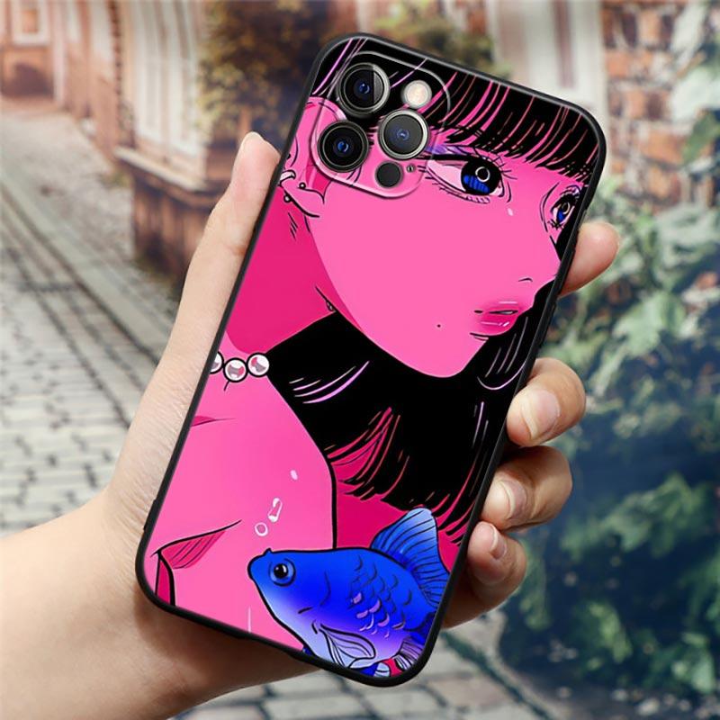Super Cute Girl Anime Phone Case for iPhone14 13 12 11 PM Pro Max 8 7 SE XR XS Plus Black Soft Silicon Cover Fundas Coques Shell