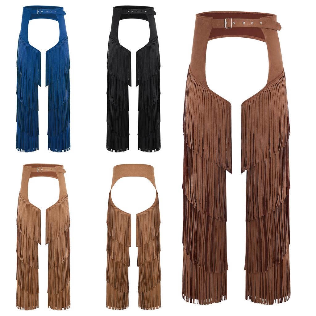 S-3XL Adults Men Western Cowboy Open Crotch Pants - Layered Fringe Buttless Style with Adjustable Buckles for Raves Themed Parties Christmas Carnivals